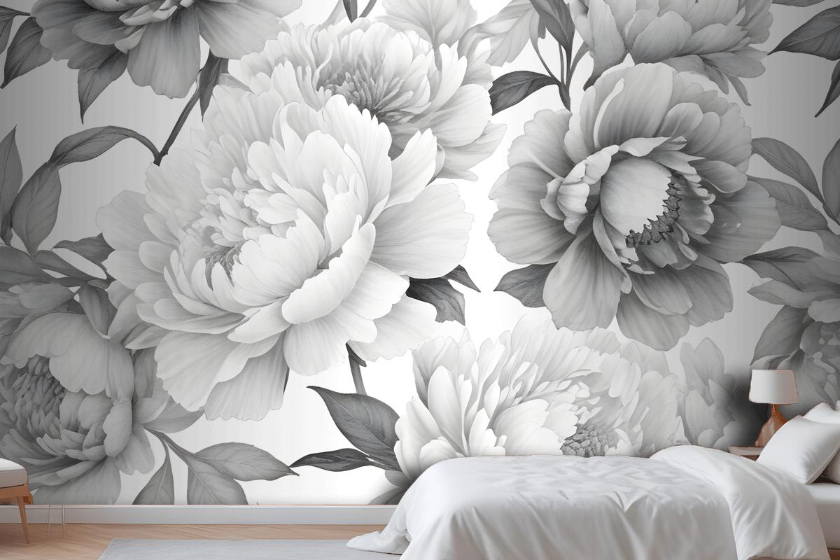 Black And White Floral Pattern With Large Lush Wallpaper Mural