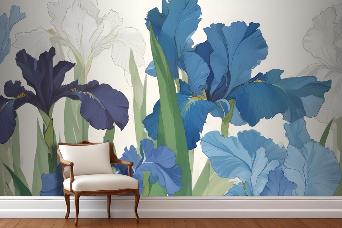 Blue And White Irises With Green Leaves Against A Light Wallpaper Mural