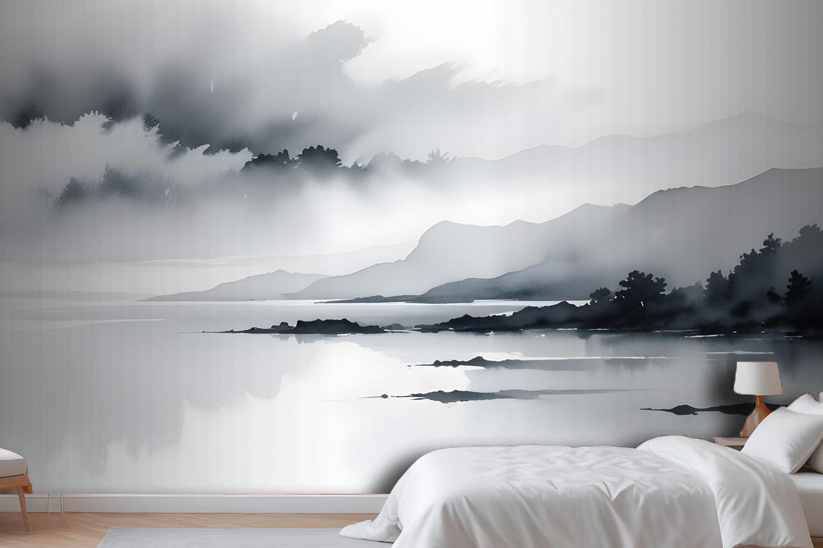 Blue Gray Watercolor Lake Landscape Wallpaper Mural