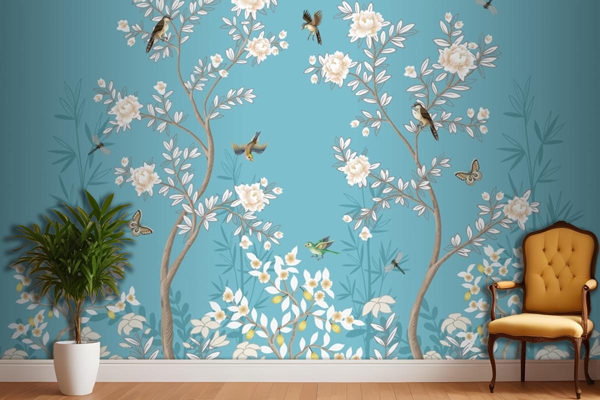 Chinoiserie Mural With Peonies And Birds Wallpaper Mural