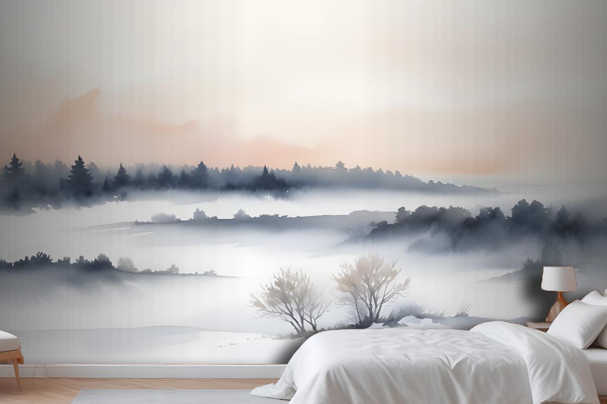 Calm Watercolor Sky And Landscape Wallpaper Mural