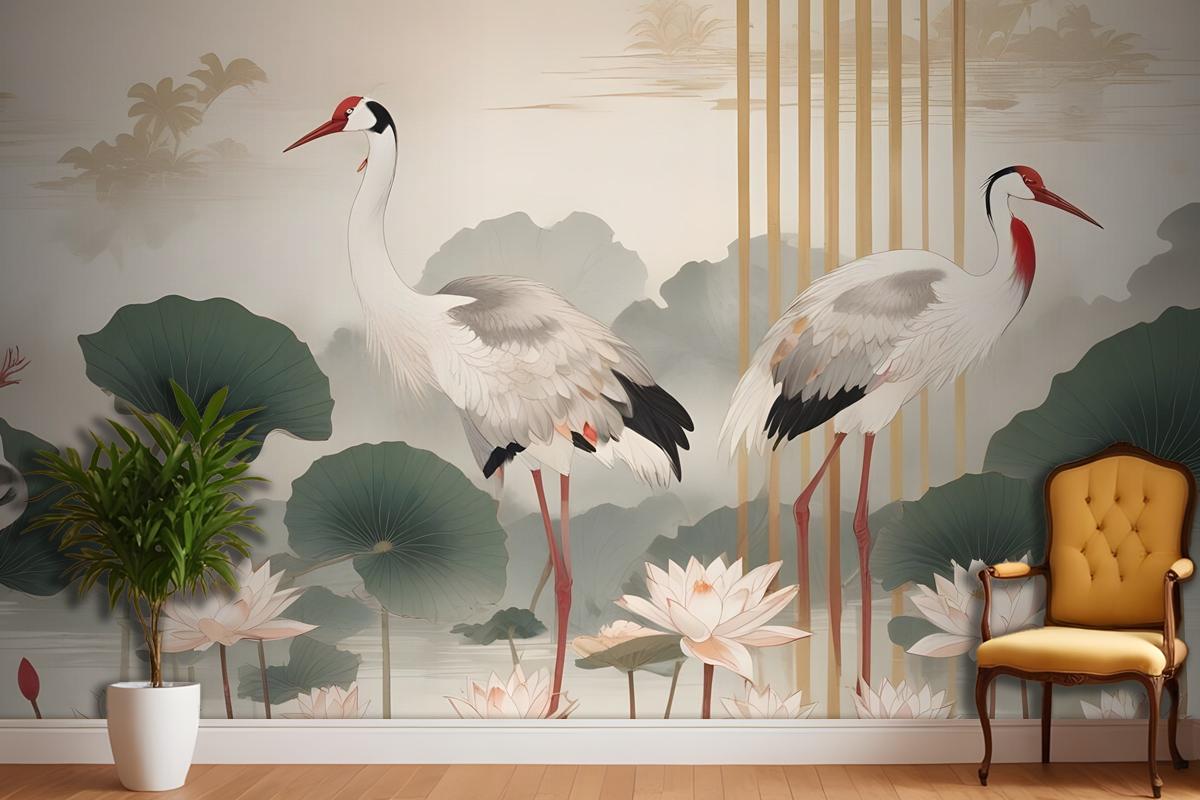 Chinese Crane Birds With Lotus Florals Bedroom Wallpaper Mural