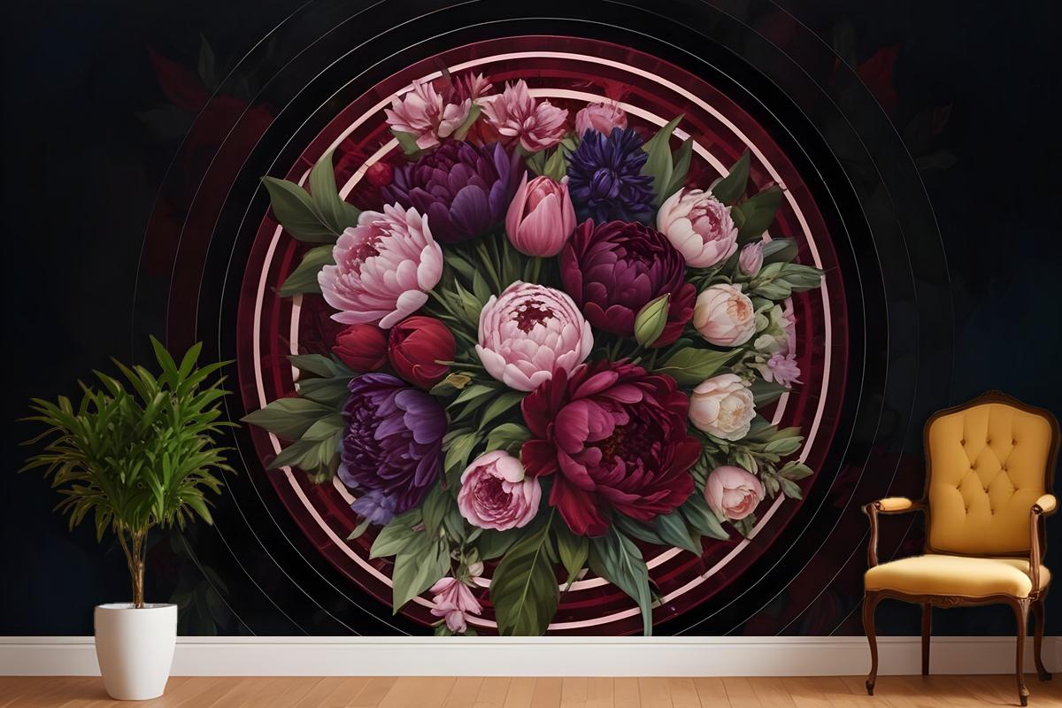 Circle Dark Floral Bedroom Wallpaper Mural