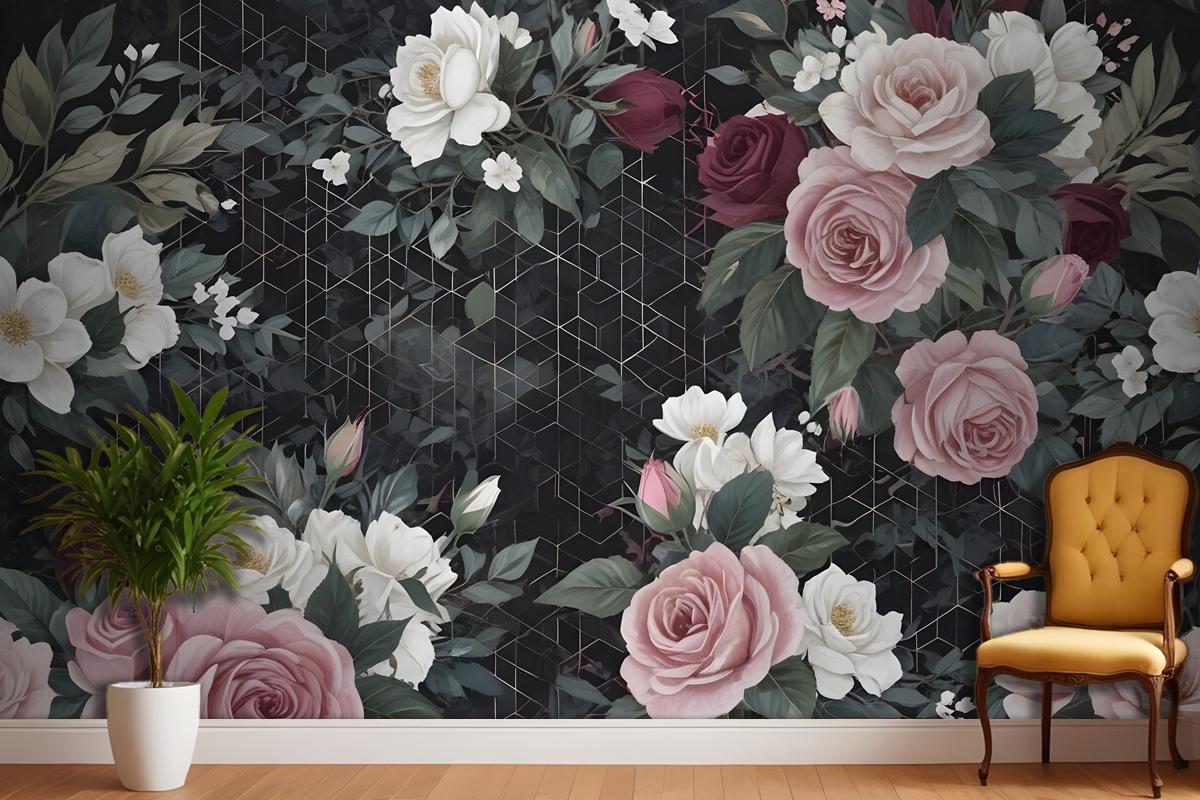 Colorful Floral With Dark Geometric Pattern Bedroom Wallpaper Mural