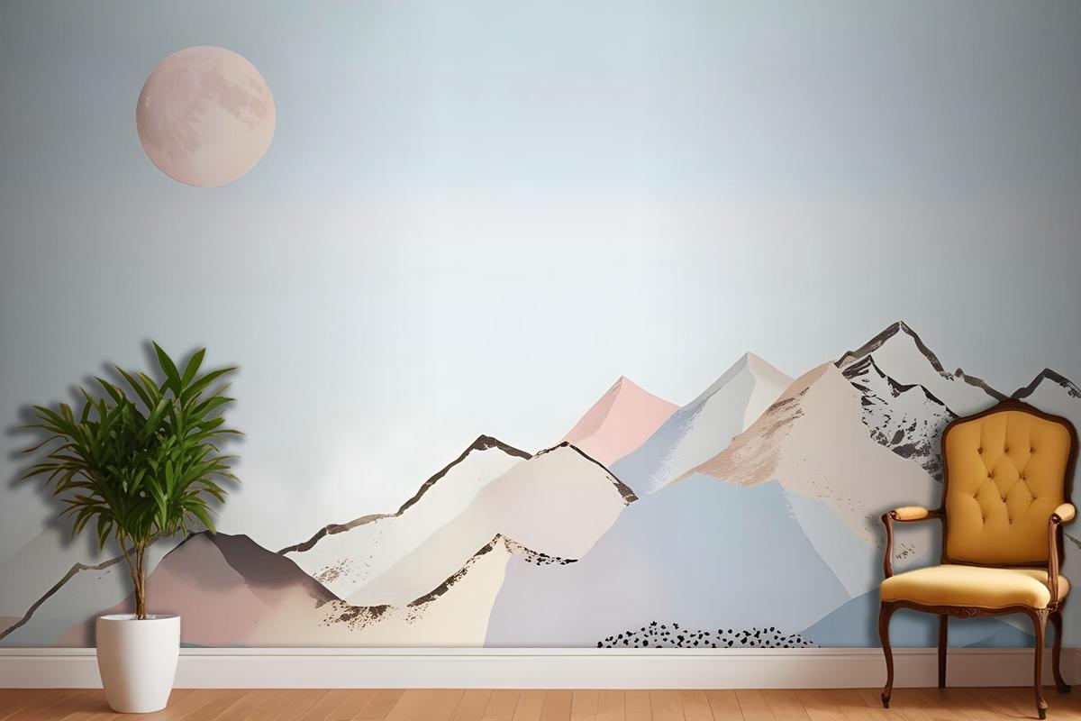 Colorful Mountain With Pink Moon Wallpaper Mural