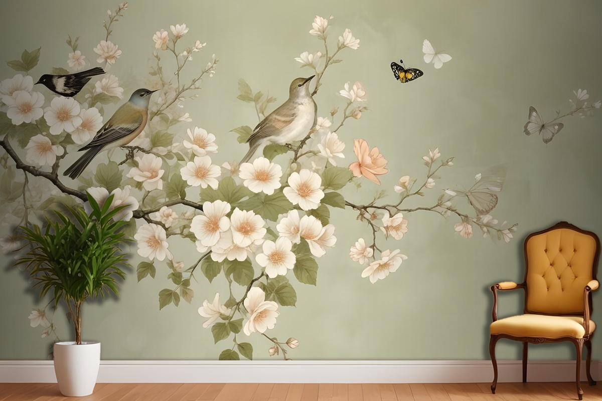 Cream Begonia Blossom Floral Art Bedroom Wallpaper Mural