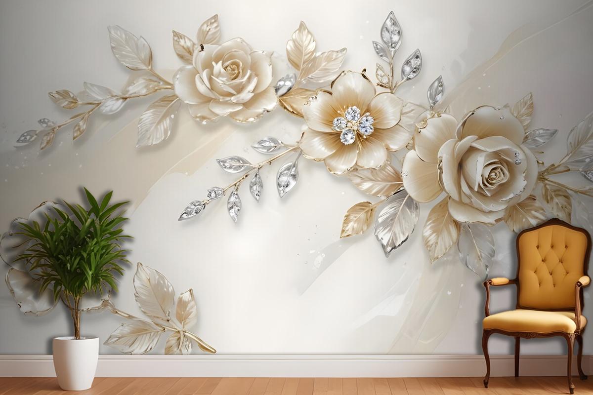 Cream Swarovski Rose Floral Bedroom Wallpaper Mural