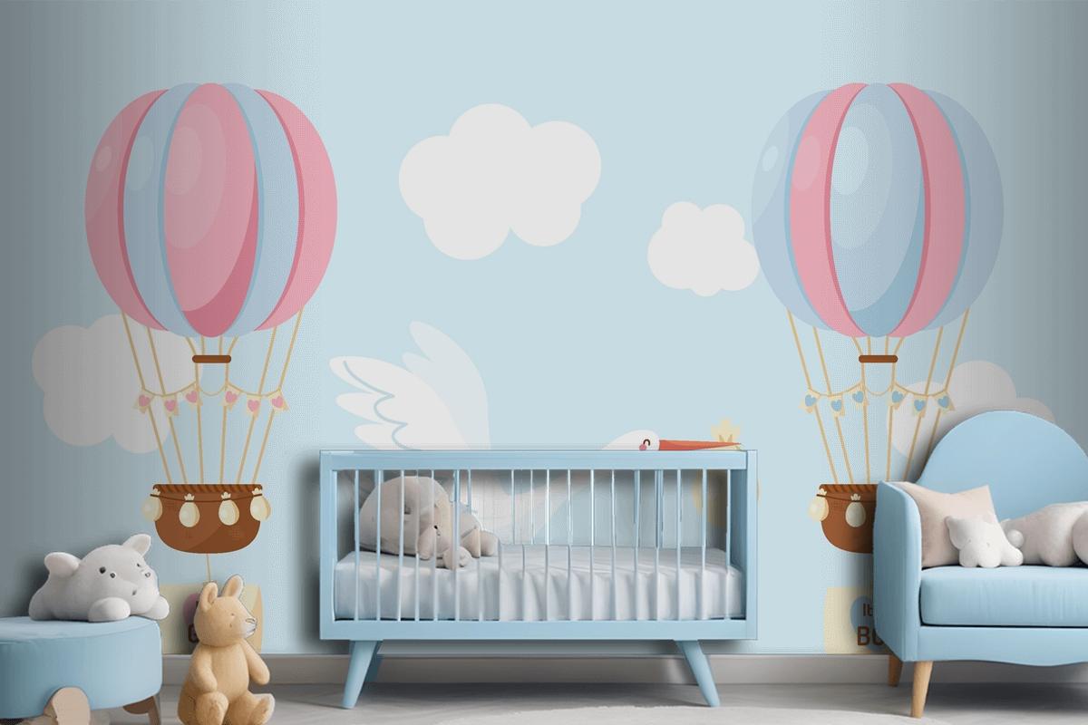 Cute Flat Design Blue Pink Balloon Wallpaper Mural