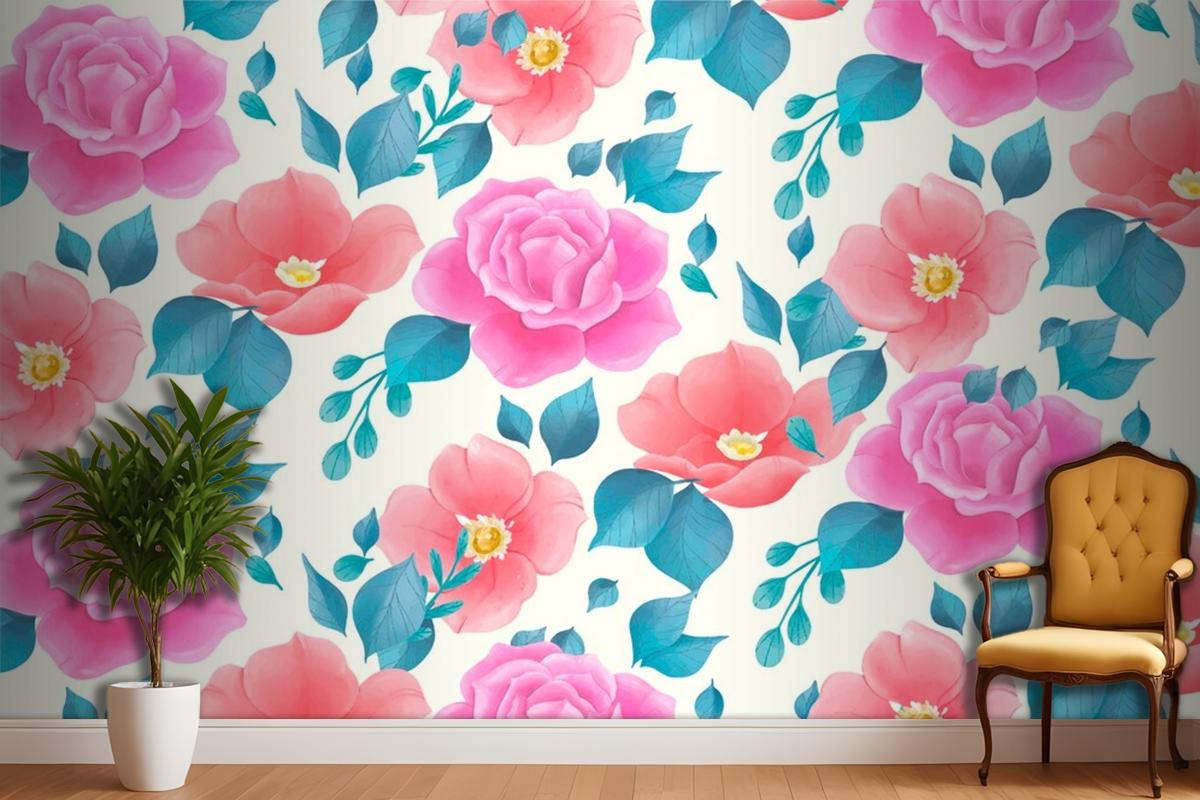 Cute Watercolor Floral Pattern With Rose Flowers Wallpaper Mural