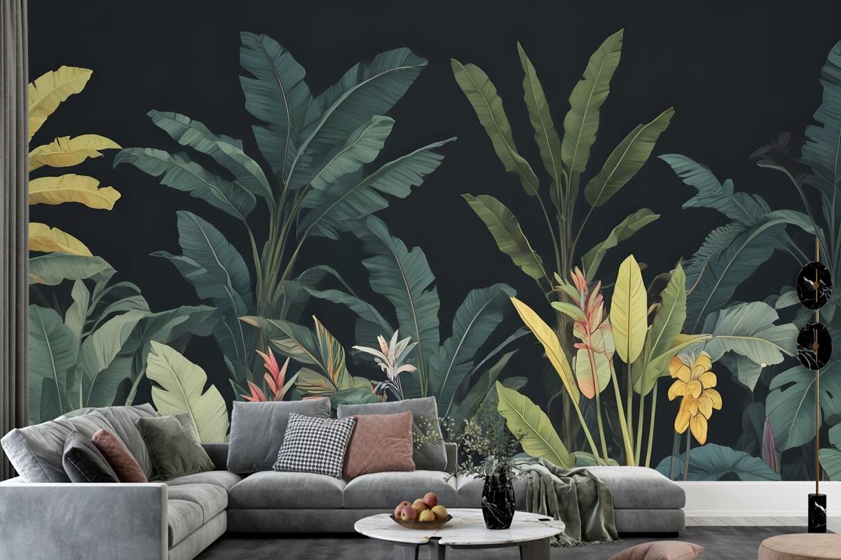 Dark Background Large Green Leaves Banana Plants Colorful Flowers Wallpaper Mural