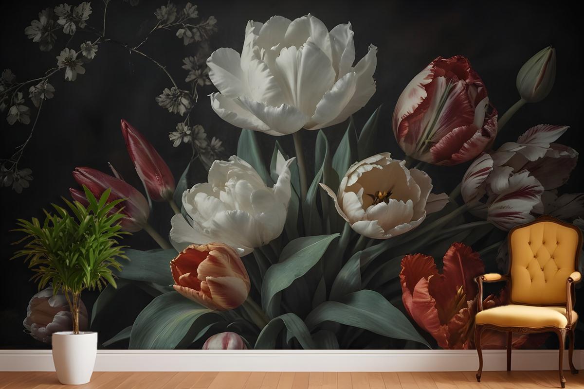 Dark Floral Dutch Bouquet With Tulips Bedroom Wallpaper Mural