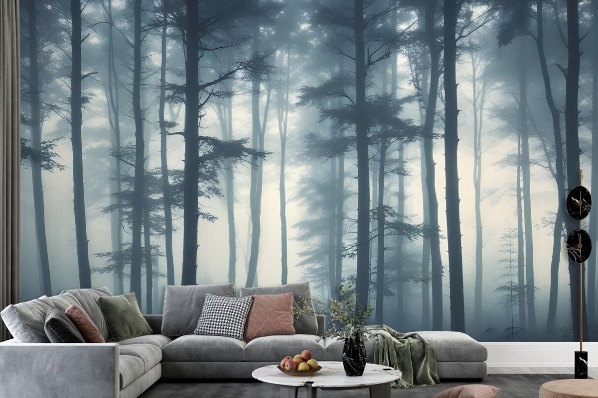 Dense Misty Forest With Tall Slender Trees And A Foggy Atmosphere Wallpaper Mural