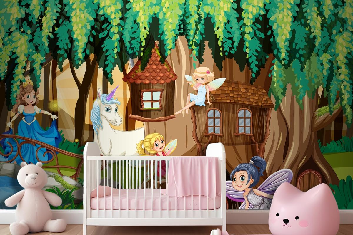 Fantasy Forest With Fairies And Unicorn Wallpaper Mural