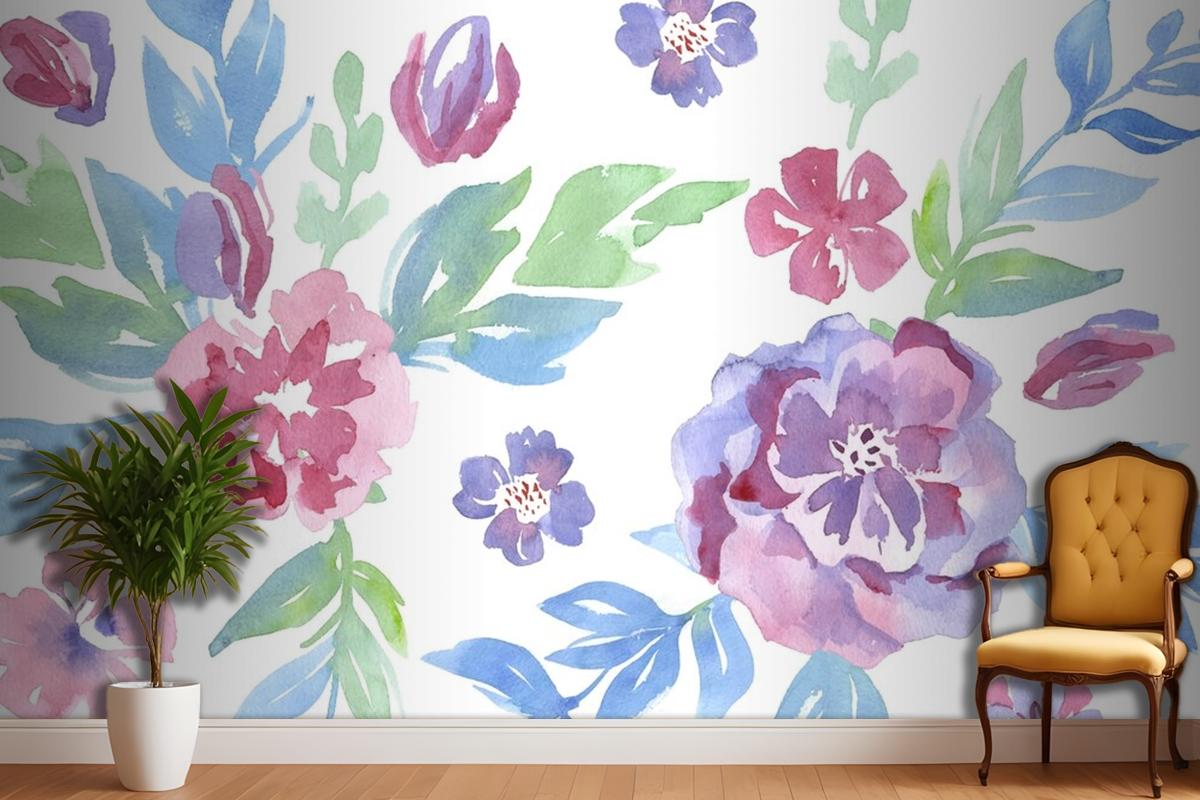 Fashionable Pattern In Watercolor Flowers Wallpaper Mural