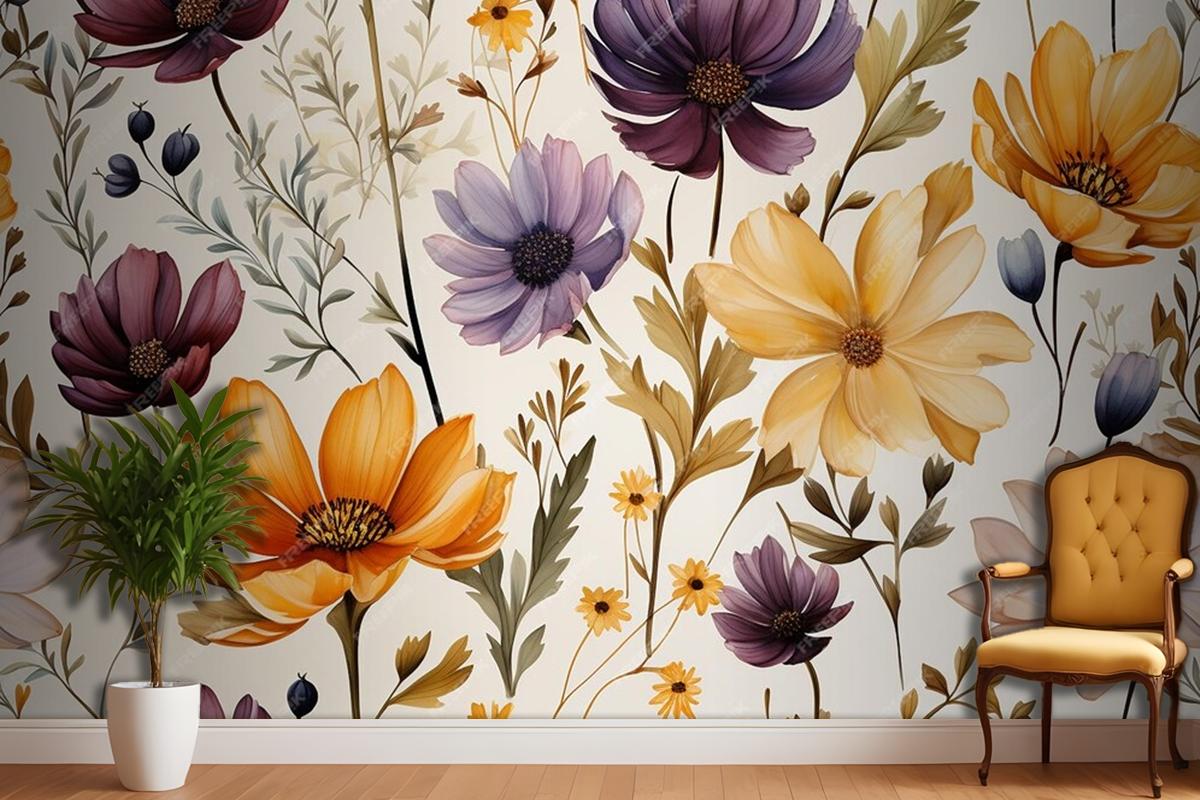Floral Frame Background With Wildflowers Watercolor Wallpaper Mural