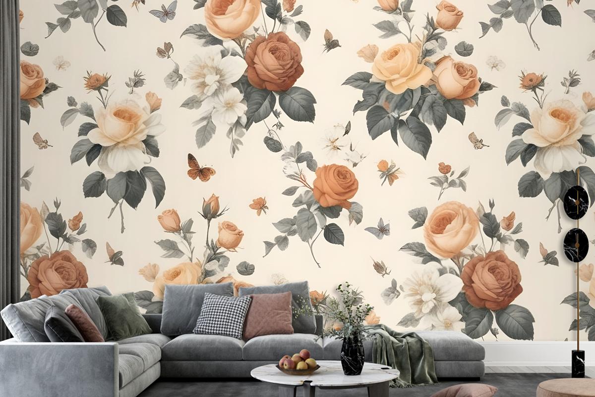 Floral Pattern With Various Types Of Roses Wallpaper Mural
