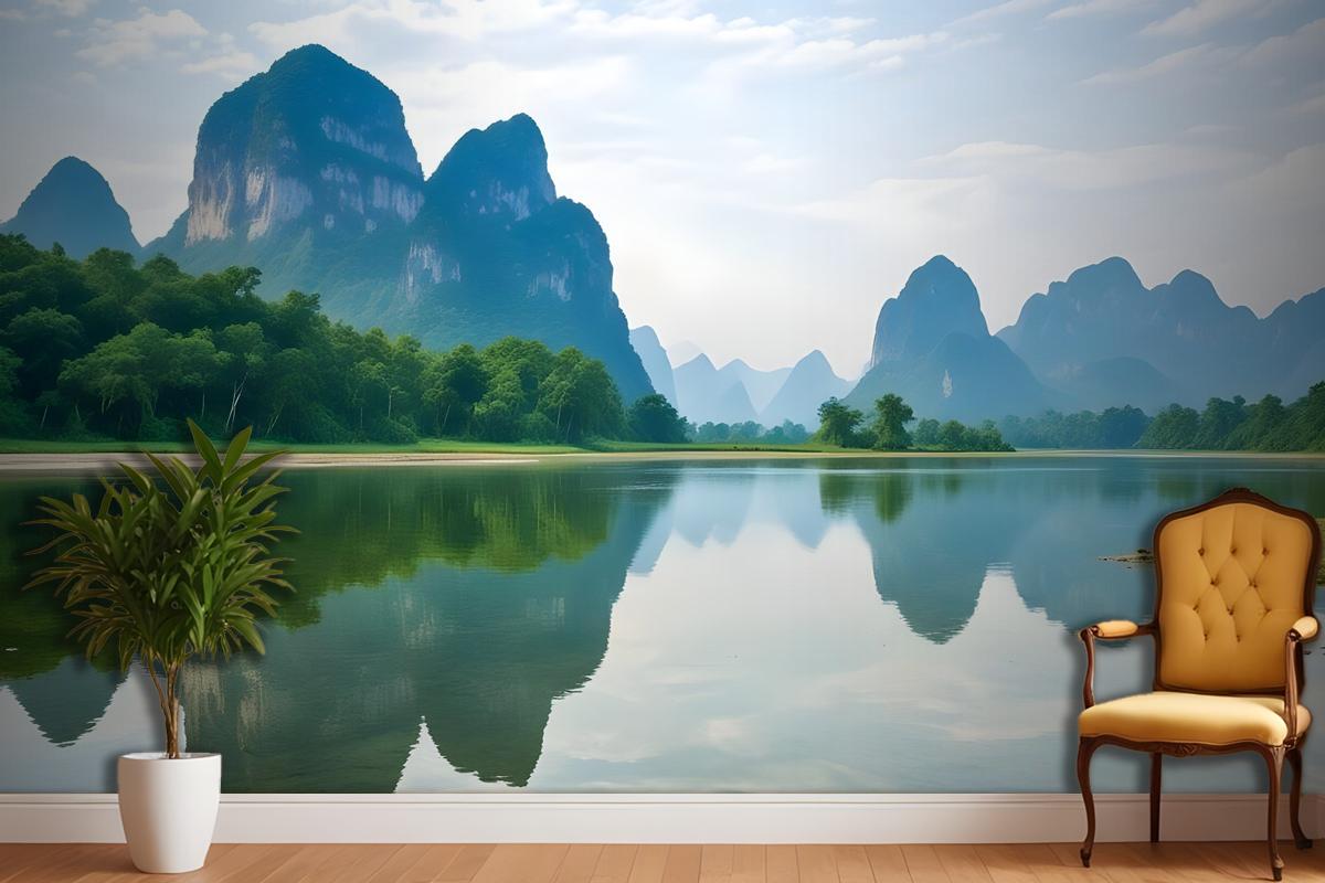 Forest Lake Landscape With Mountains Wallpaper Mural