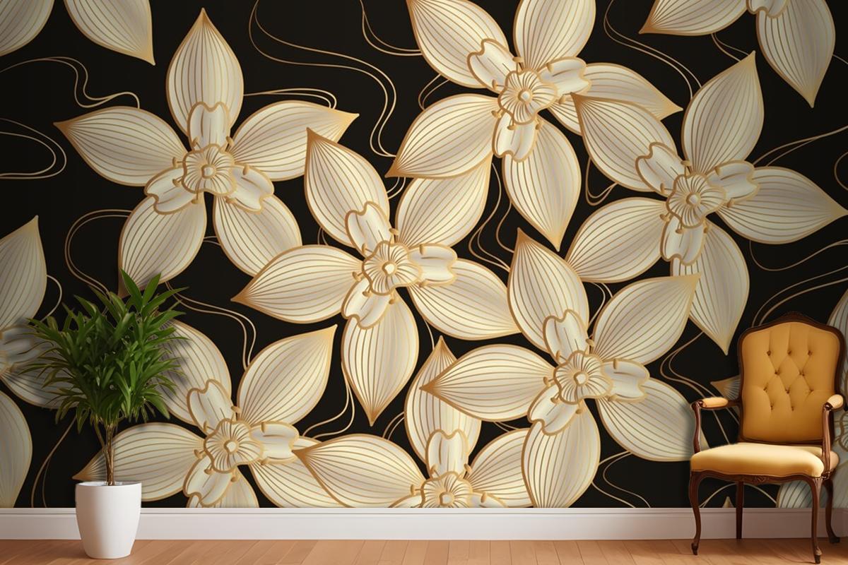 Gradient Golden Linear Background With Elegant Flowers Wallpaper Mural