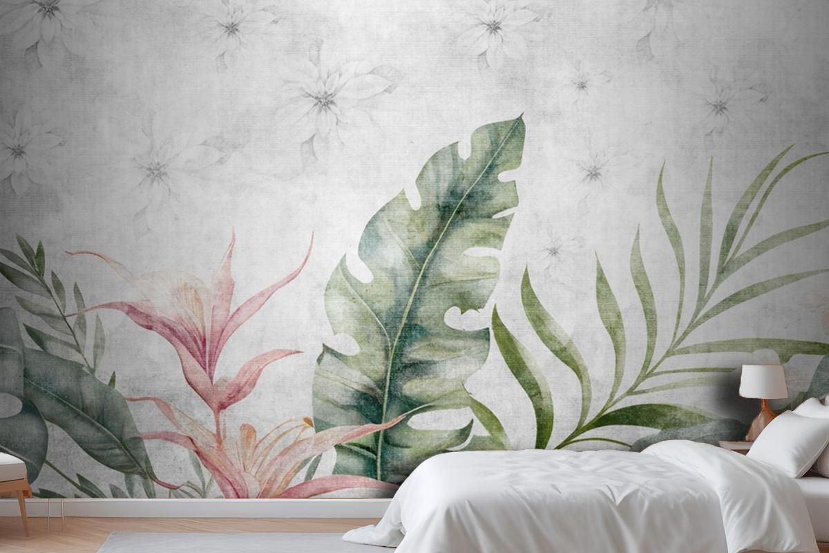 Green Branches Tree Leaves On Drawing Gray Bedroom Wallpaper Mural