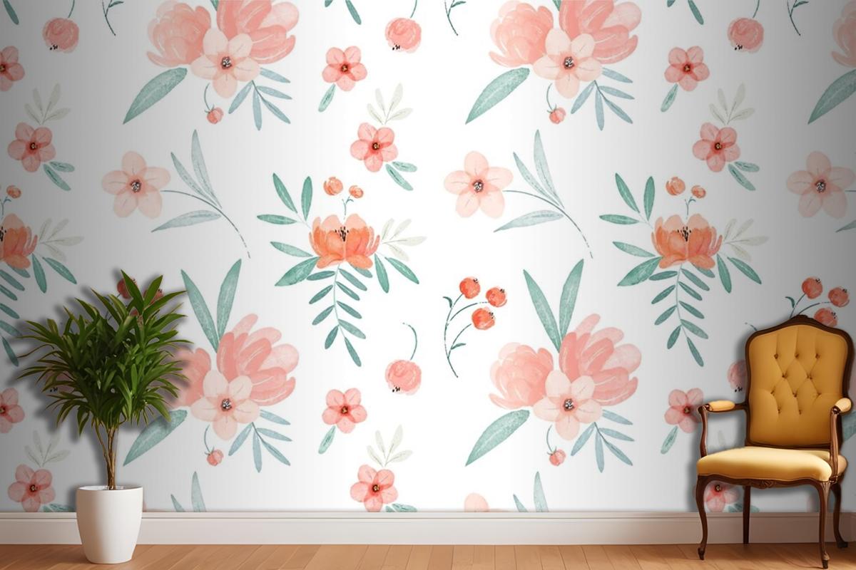 Hand Painted Watercolor Floral Pattern In Peach Tones Wallpaper Mural