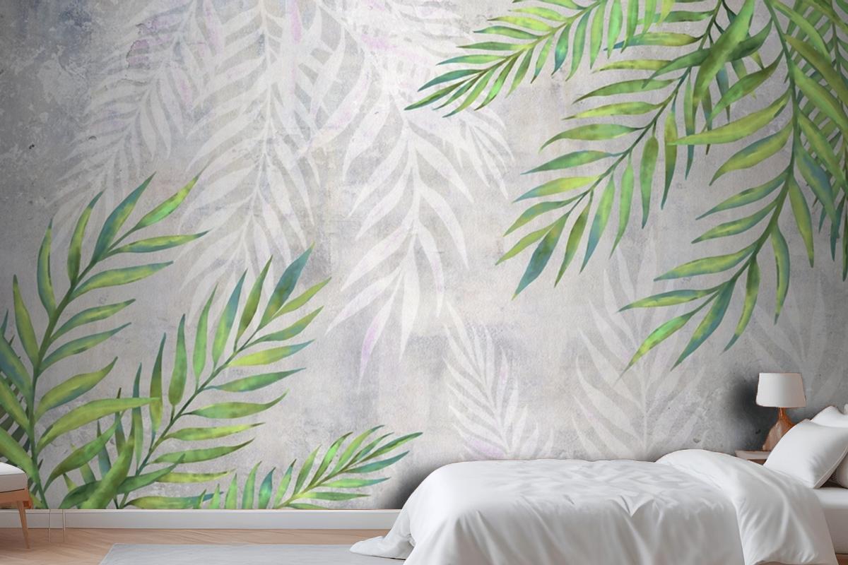 Leaves In The Corners On A Light Textured Bedroom Wallpaper Mural