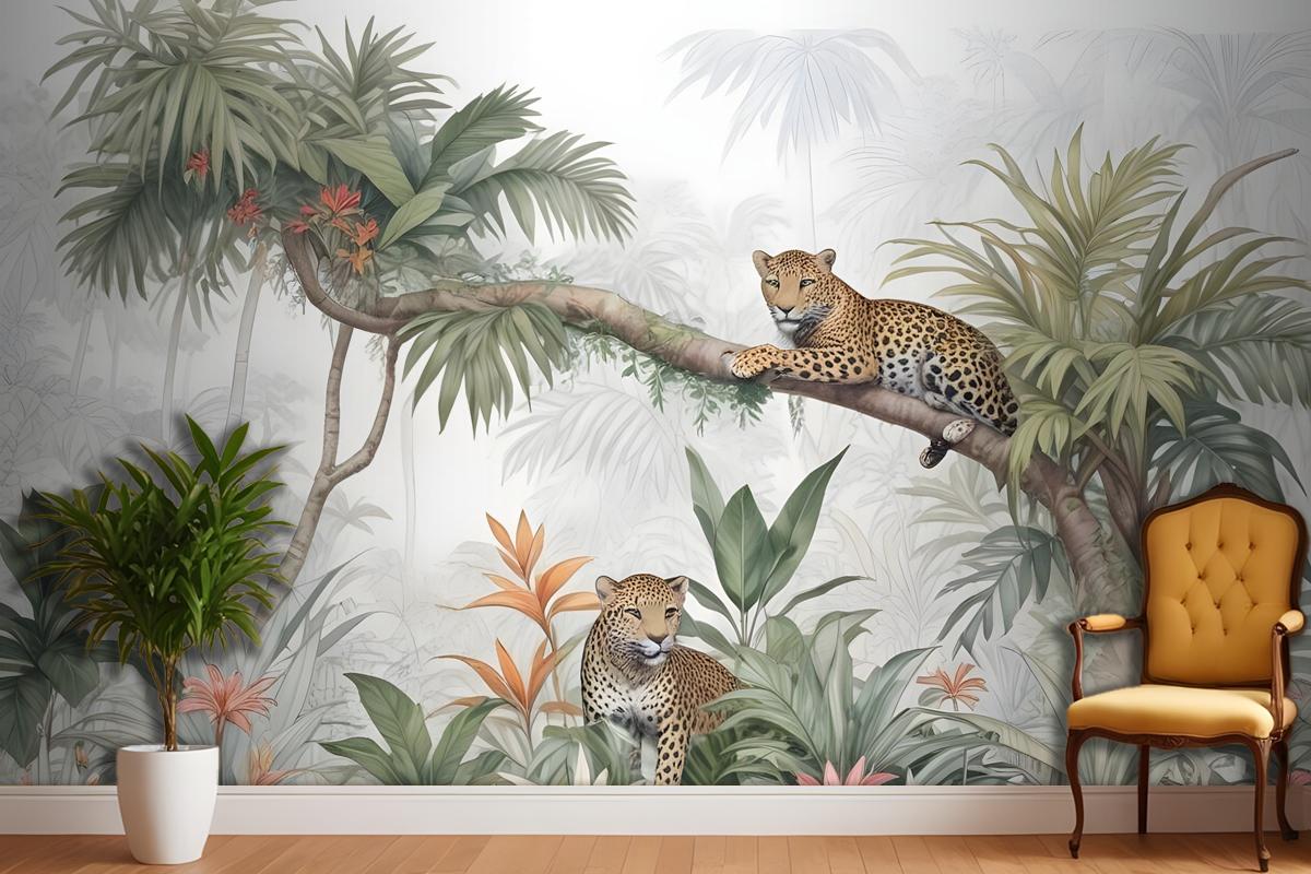 Leopards And Tropical Leaves Wallpaper Mural