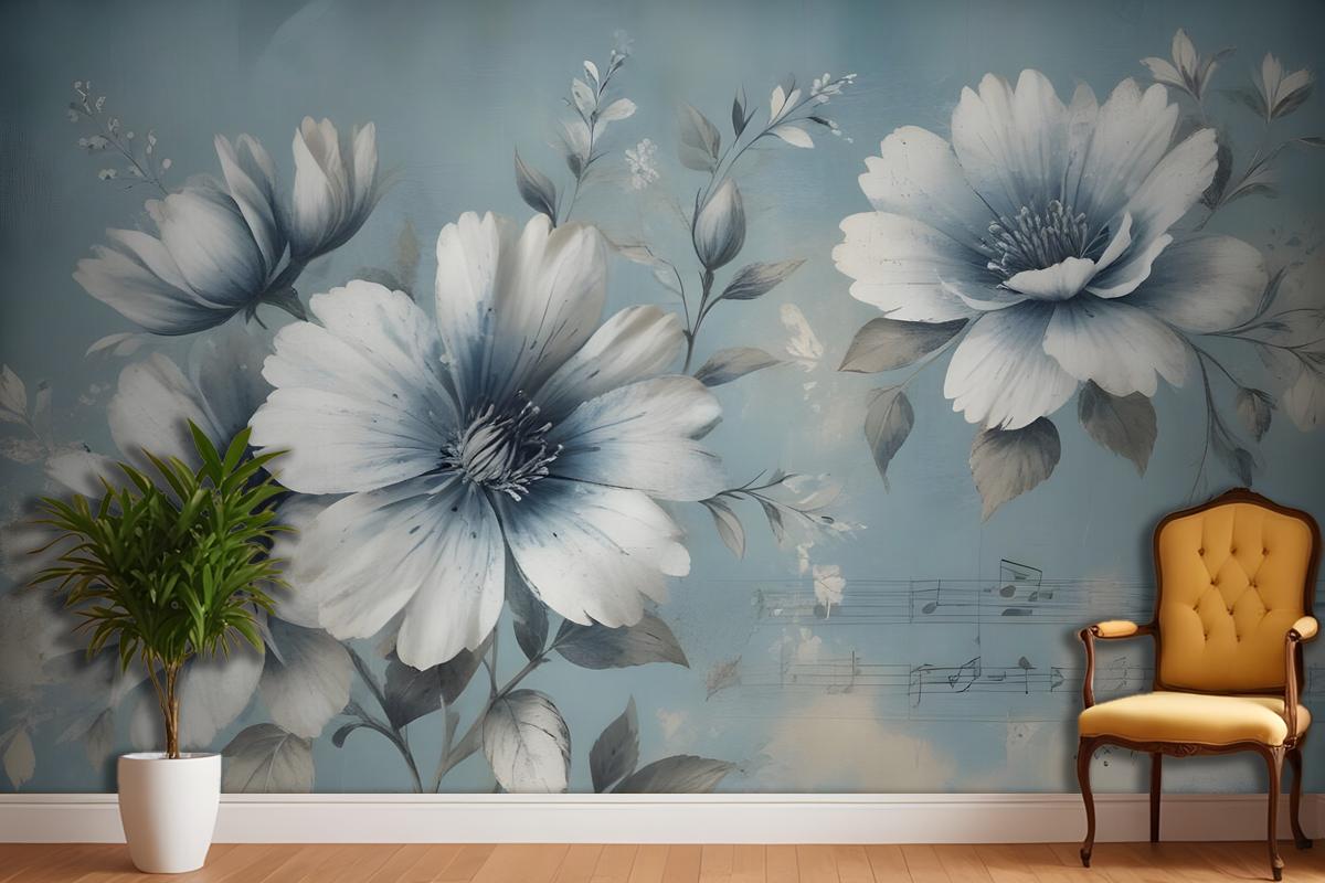 Light Floral With Music Notes Wallpaper Mural