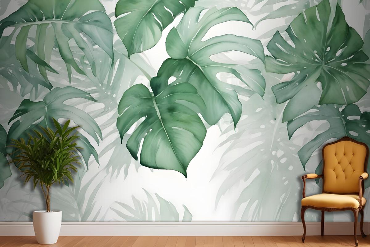 Light Green Tropical Leaves Wallpaper Mural