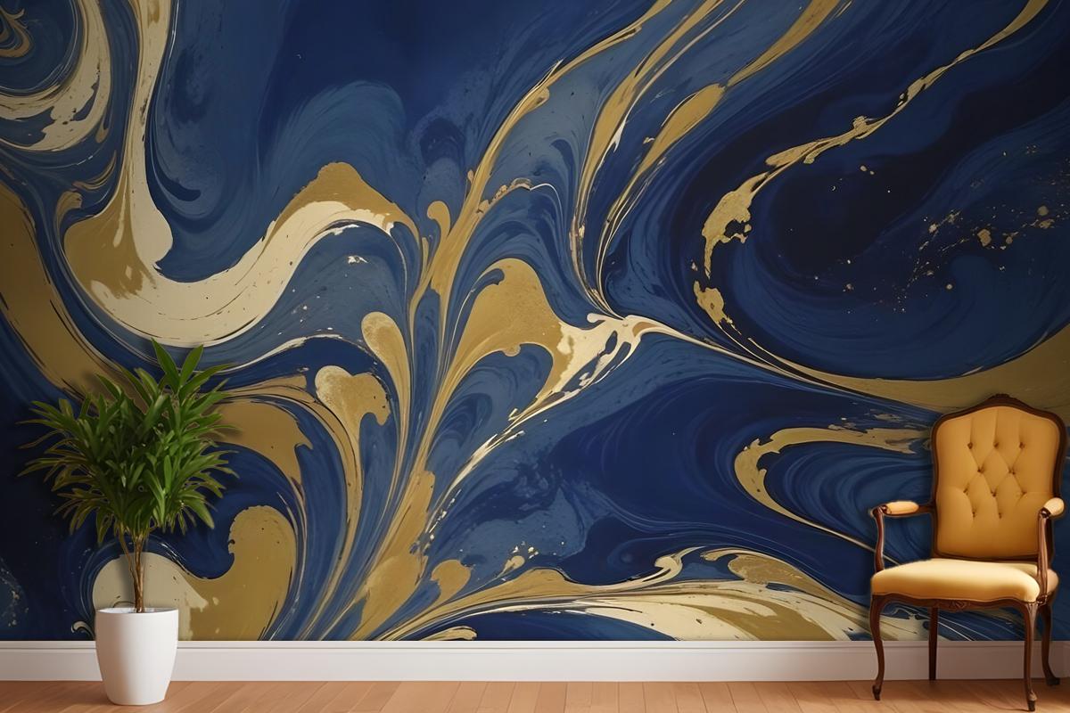 Liquid Abstract Marble Art Gold Blue Gradient Wallpaper Mural