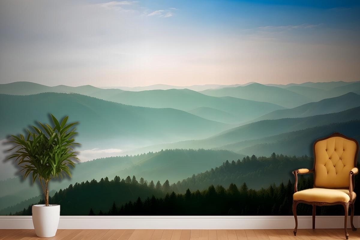 Misty Mountain Green Forest Scenic Wallpaper Mural