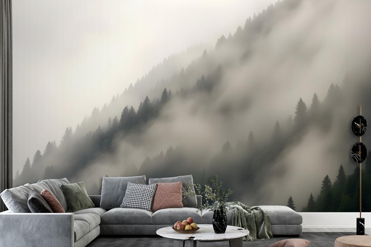 Misty Mountain Landscape With Dense Fog Covering The Forested Slopes Wallpaper Mural
