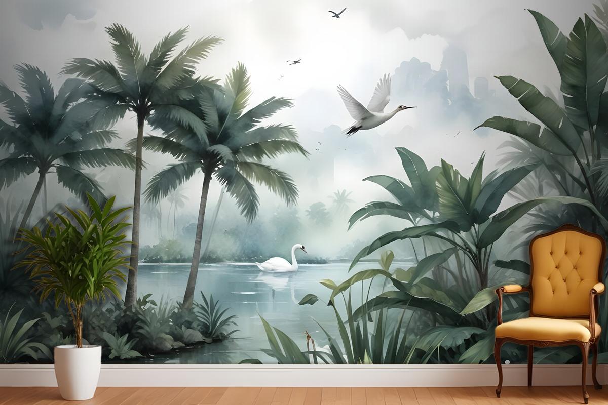 Misty Tropical Forest With Lake Wallpaper Mural