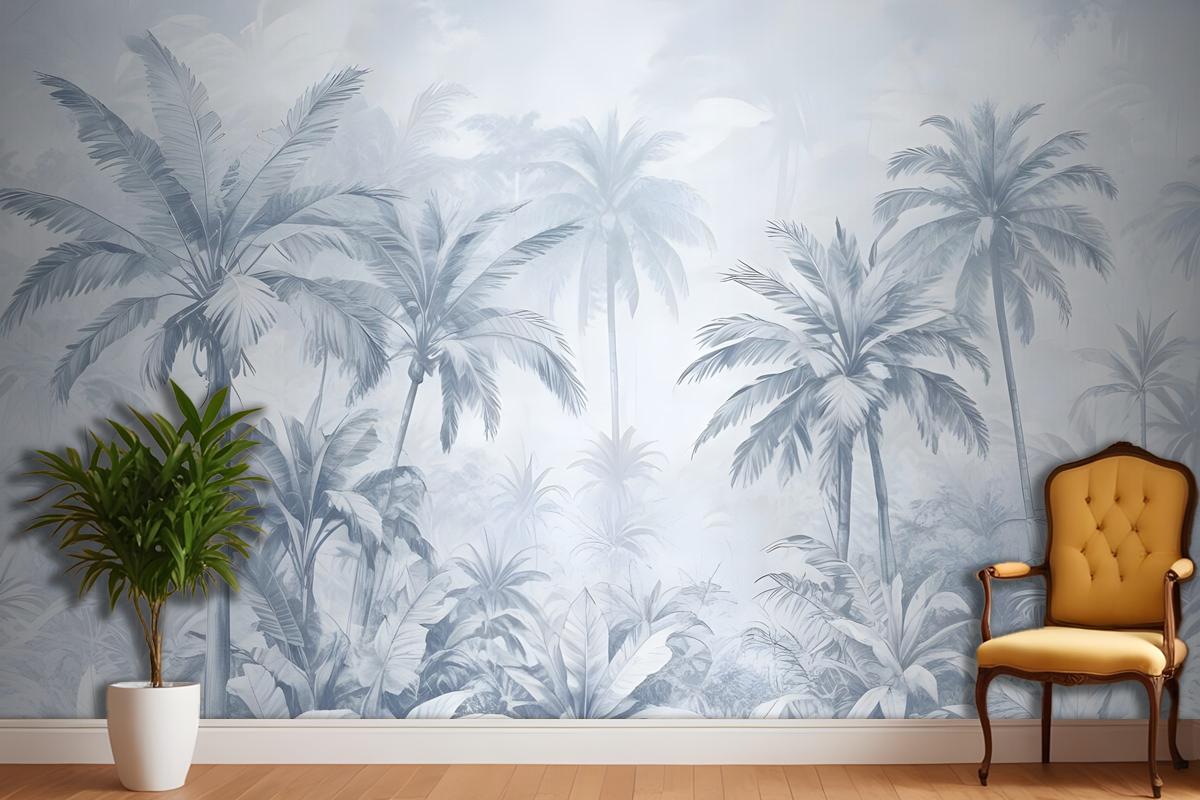 Monochrome Antique Jungle Landscape Wallpaper Mural