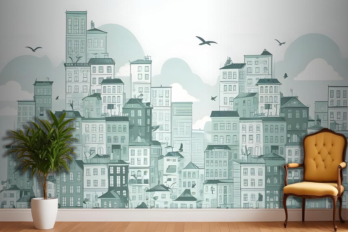 Monochrome City View Wallpaper Mural