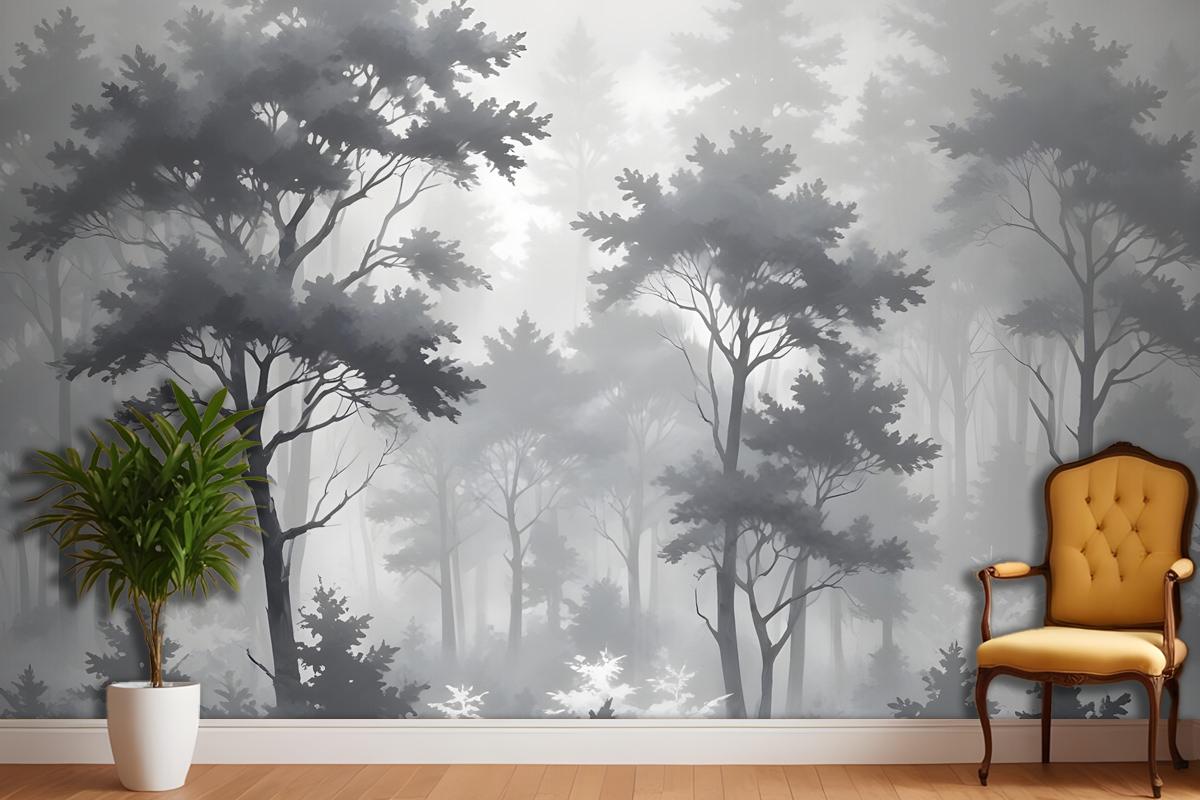 Monochrome Forest Silhouette Landscape Wallpaper Mural