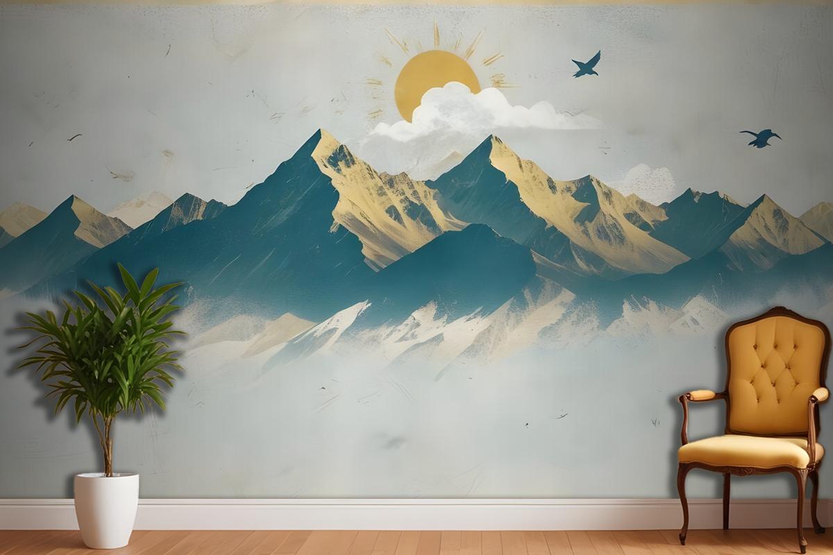 Mountain Sunrise Landscape And Old Plaid Texture Wallpaper Mural