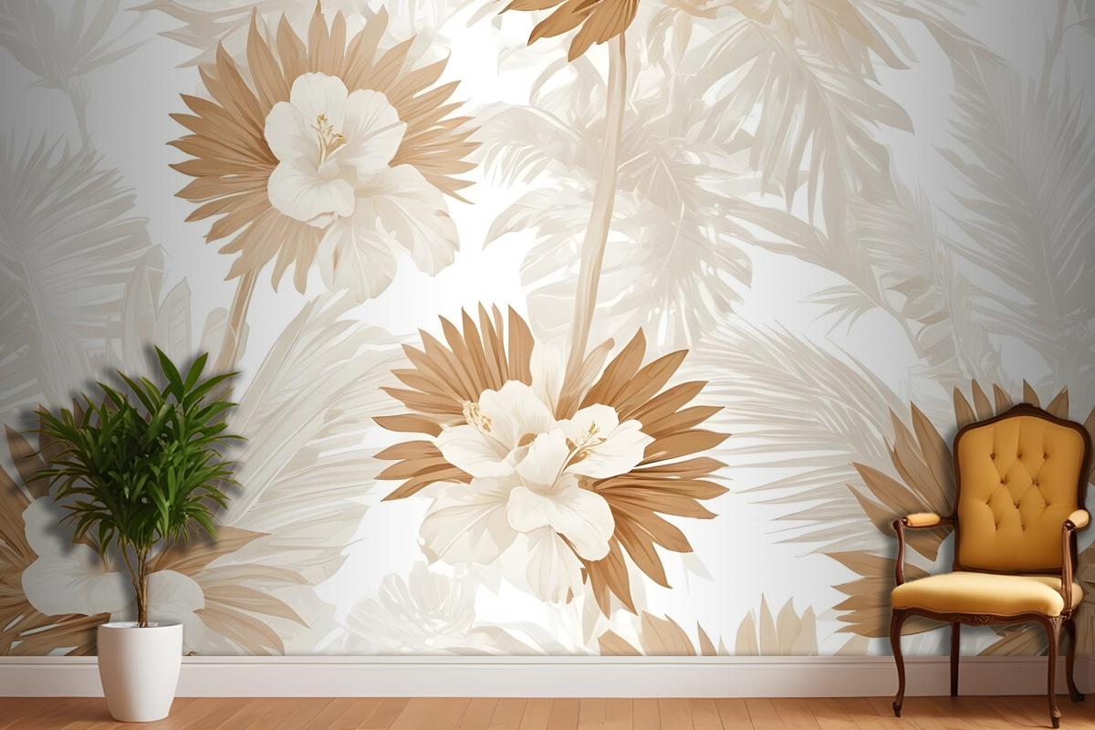 Neutral Boho Plants With Palm Leaf Wallpaper Mural
