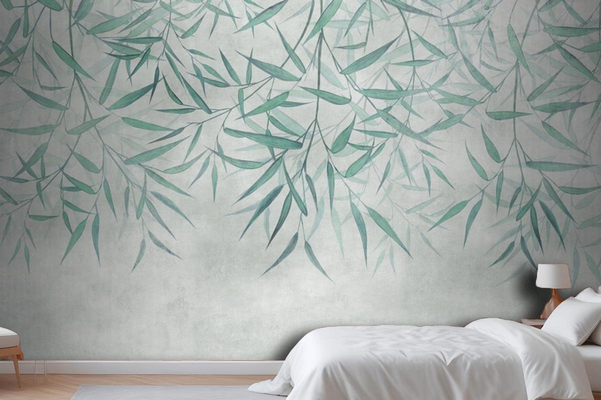 Painted Reed Bamboo Leaves Hanging From Above On A Textured Background Bedroom Wallpaper Mural