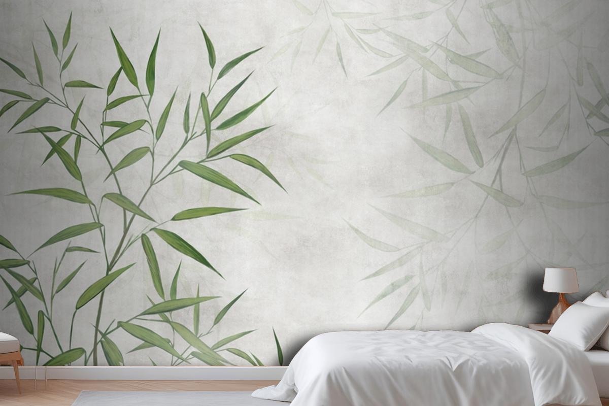 Painted Reed Bamboo Leaves On A Textured Background Bedroom Wallpaper Mural