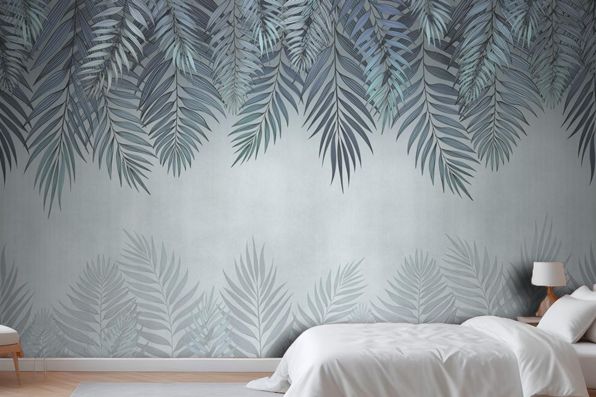 Palm Leaves In Pale Blue Flowers Bedroom Wallpaper Mural