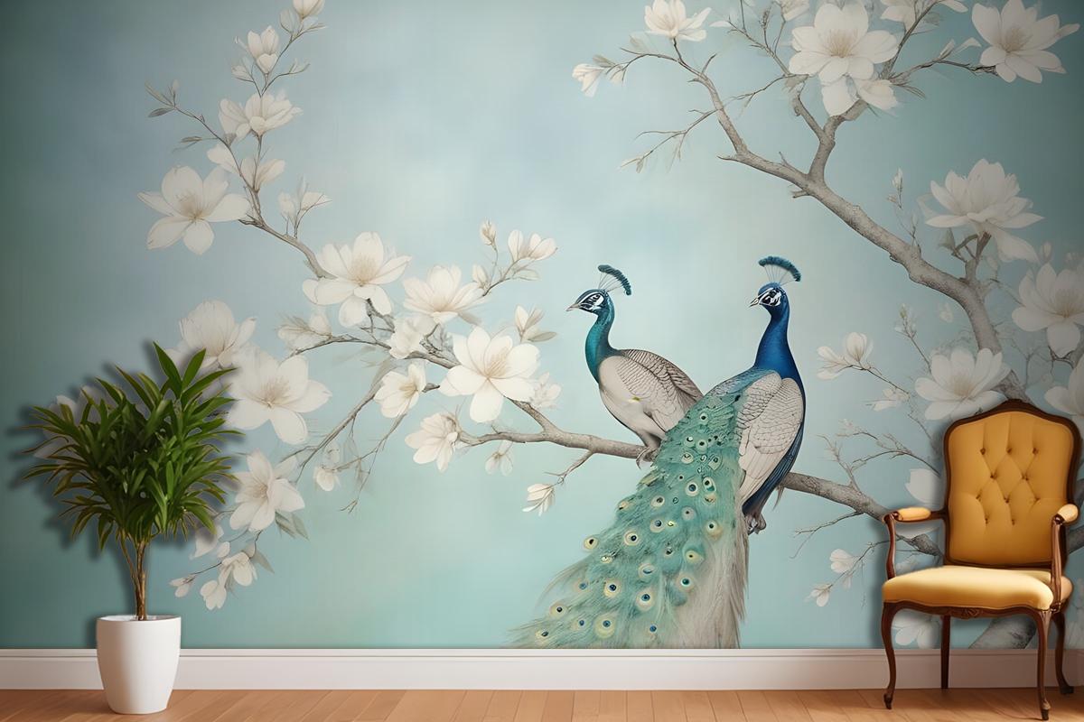Peacock With Magnolia Blossom Wallpaper Mural