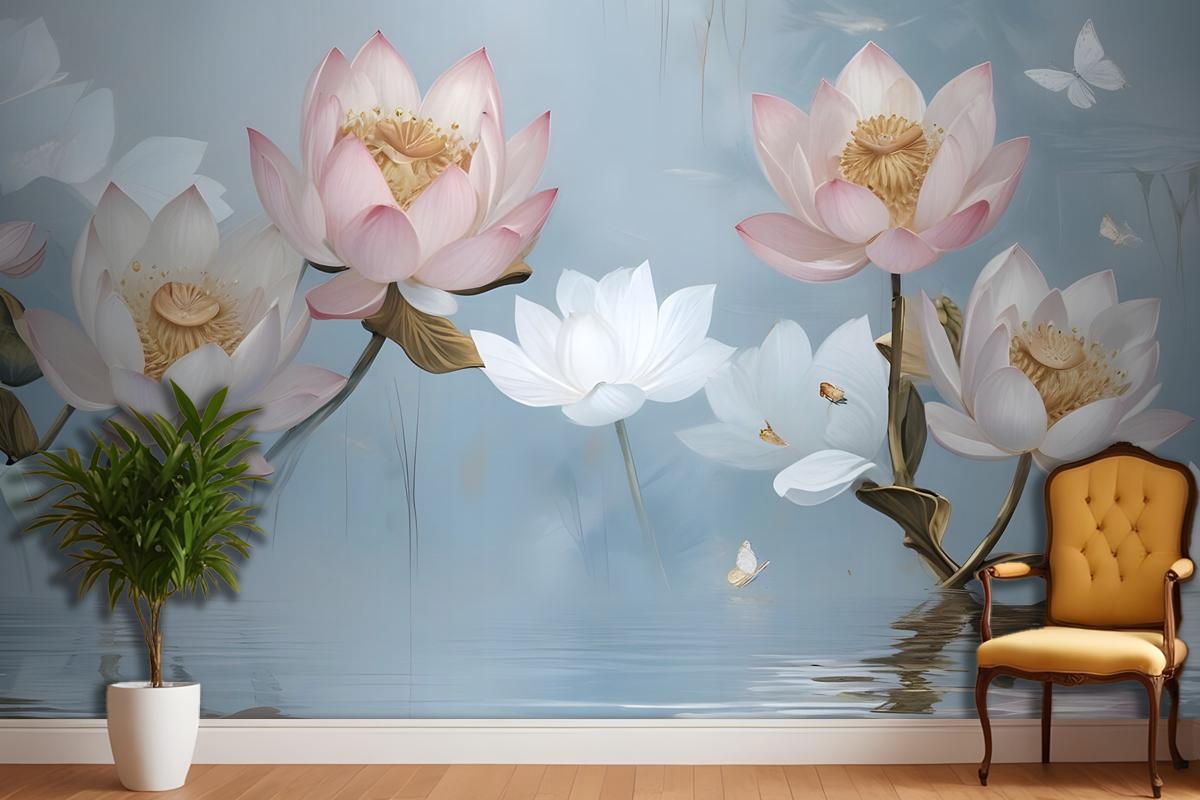 Pearl Lotus Flower And Little Butterfly Wallpaper Mural