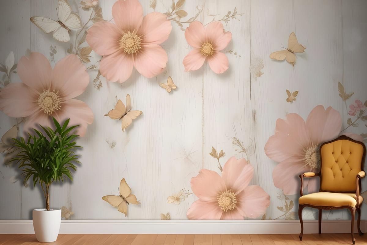 Pink Diamond Daisy With Butterflies Wallpaper Mural