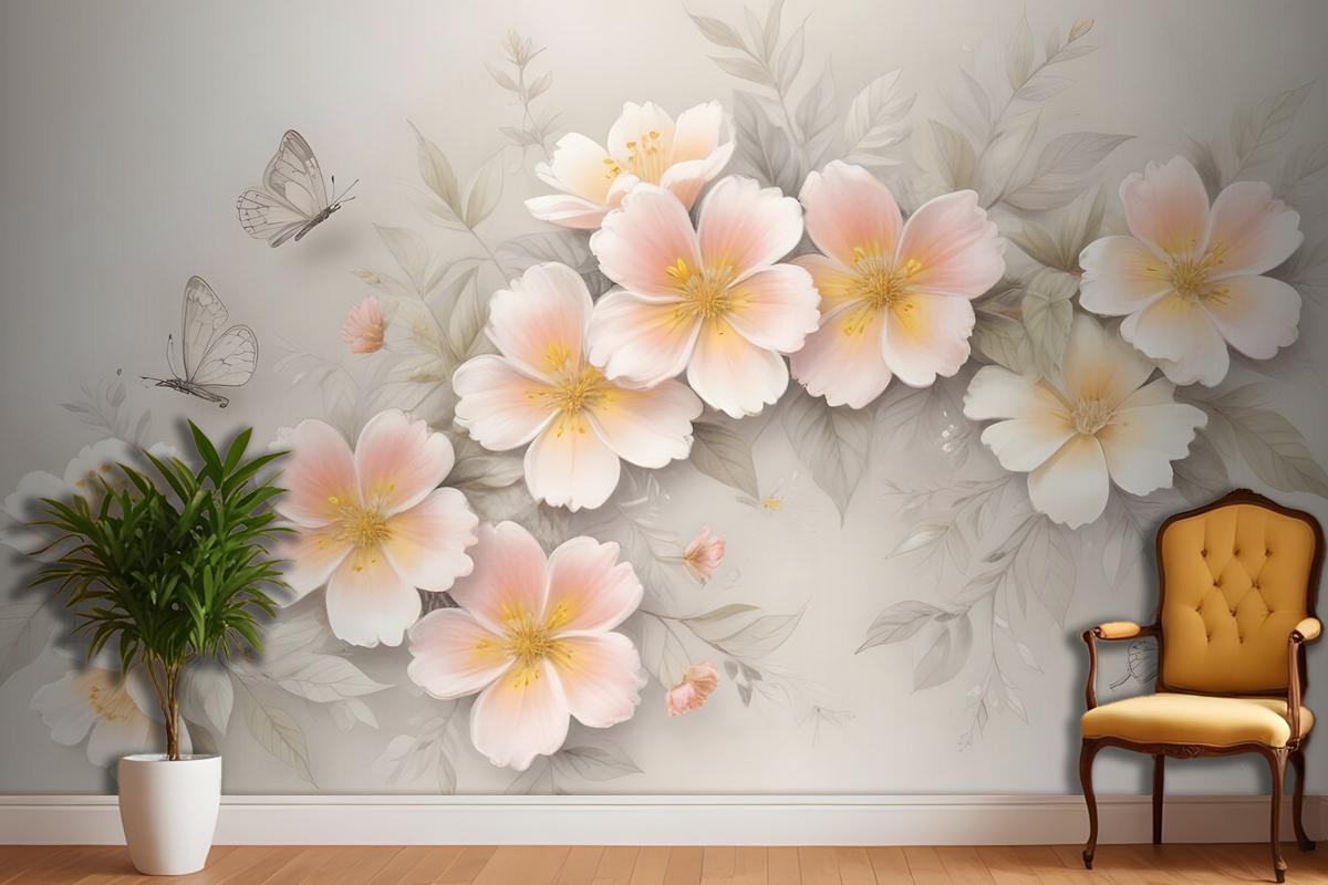 Pink Flower And White Butterfly Wallpaper Mural
