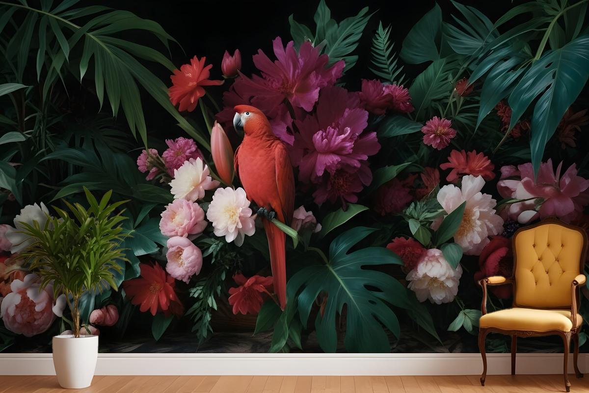 Red Parrot With Colorful Floral Wallpaper Mural