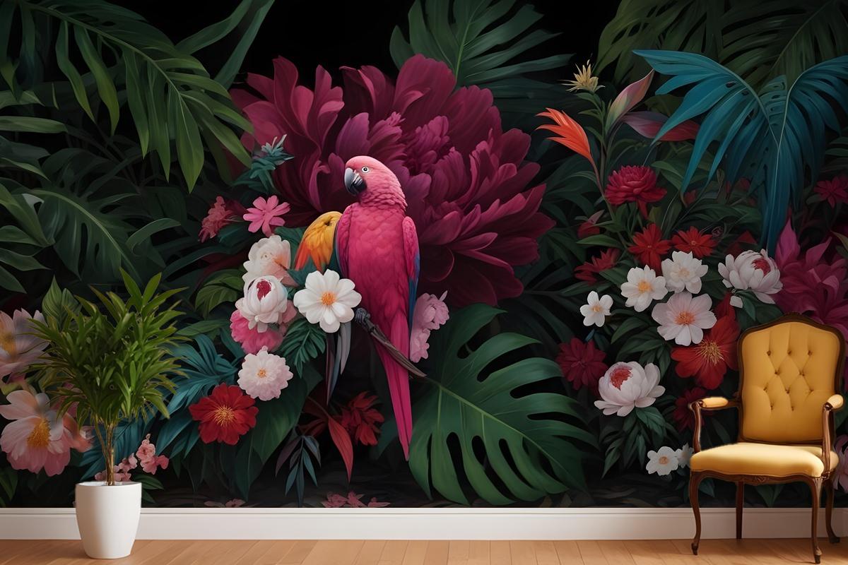 Pink Parrot With Colorful Floral Wallpaper Mural