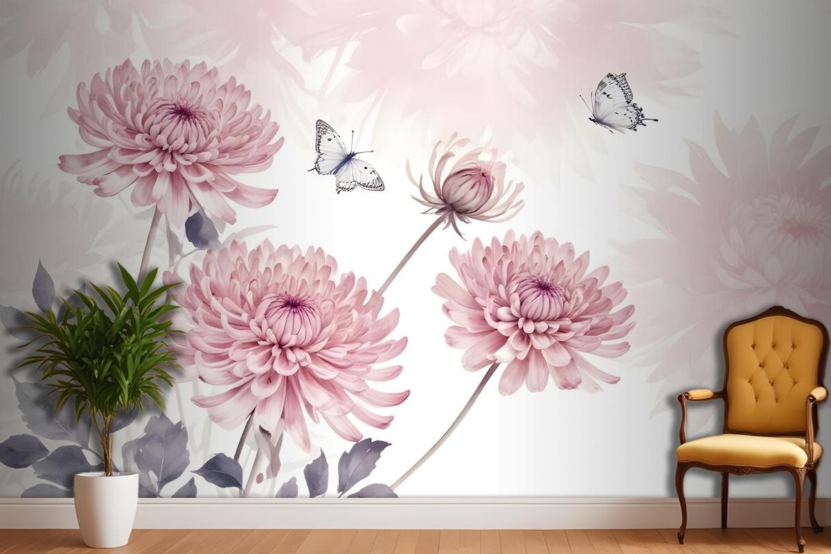 Retro Watercolor Pink Dandelion Flower Art Wallpaper Mural