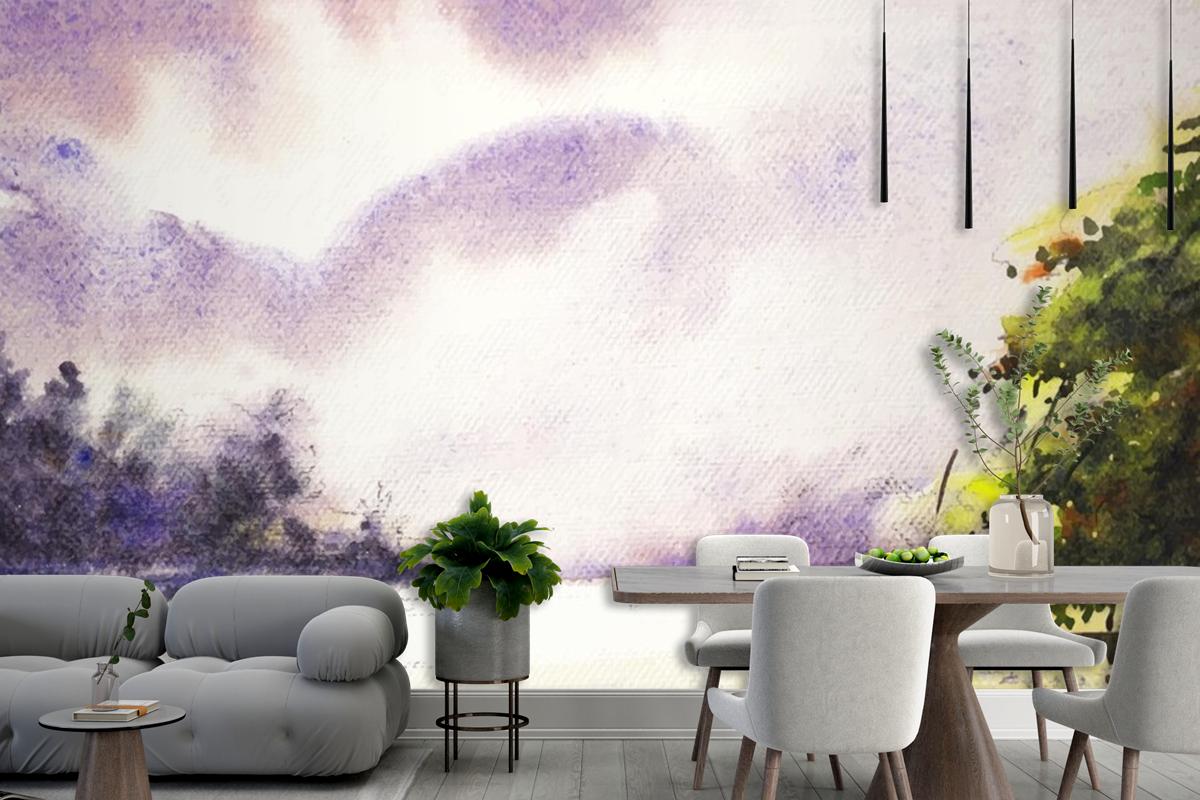 River And Life Hand Paint Watercolor Art Wallpaper Mural