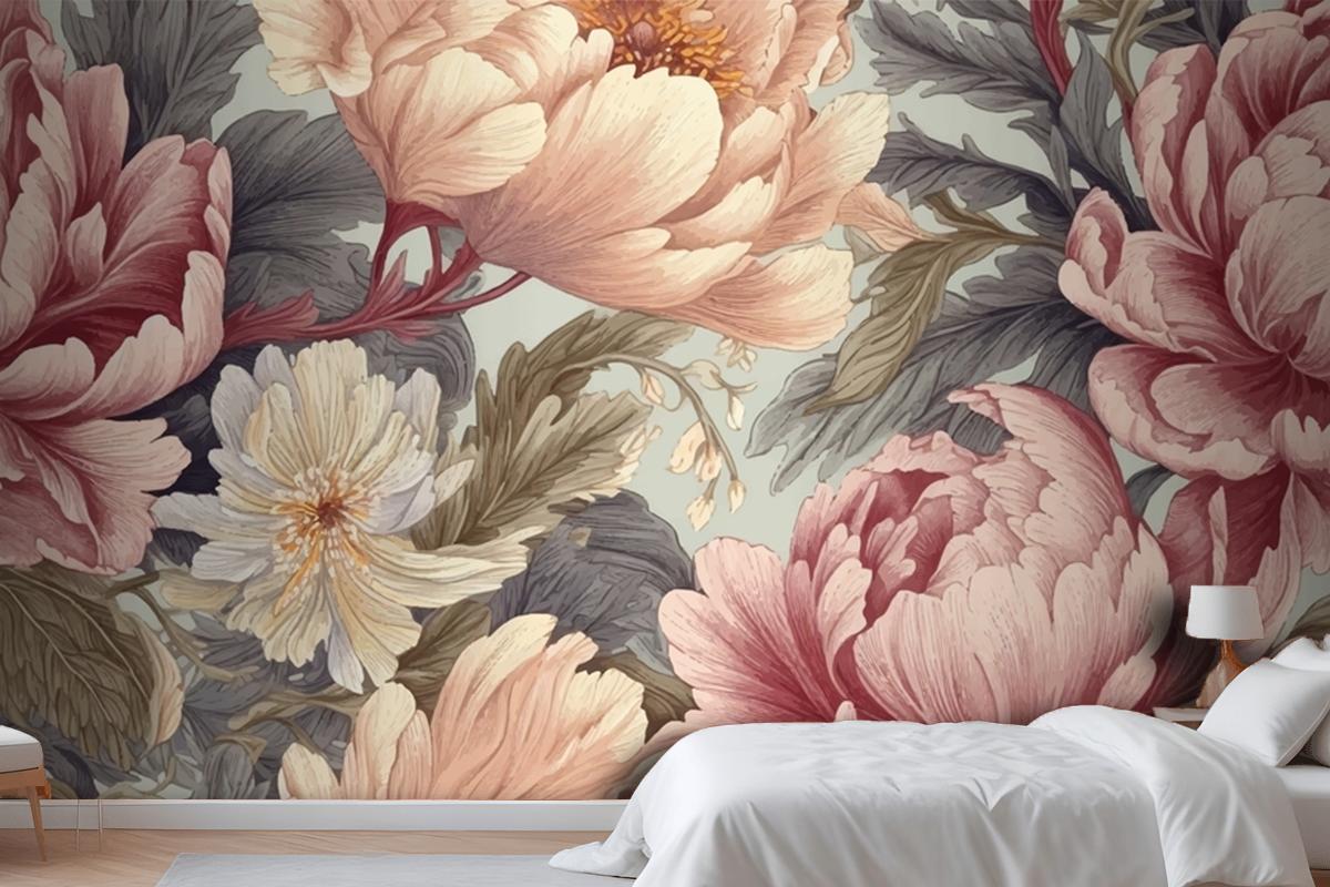Seamless Boho Floral Pattern With Pink Peony Flowers Bedroom Wallpaper Mural