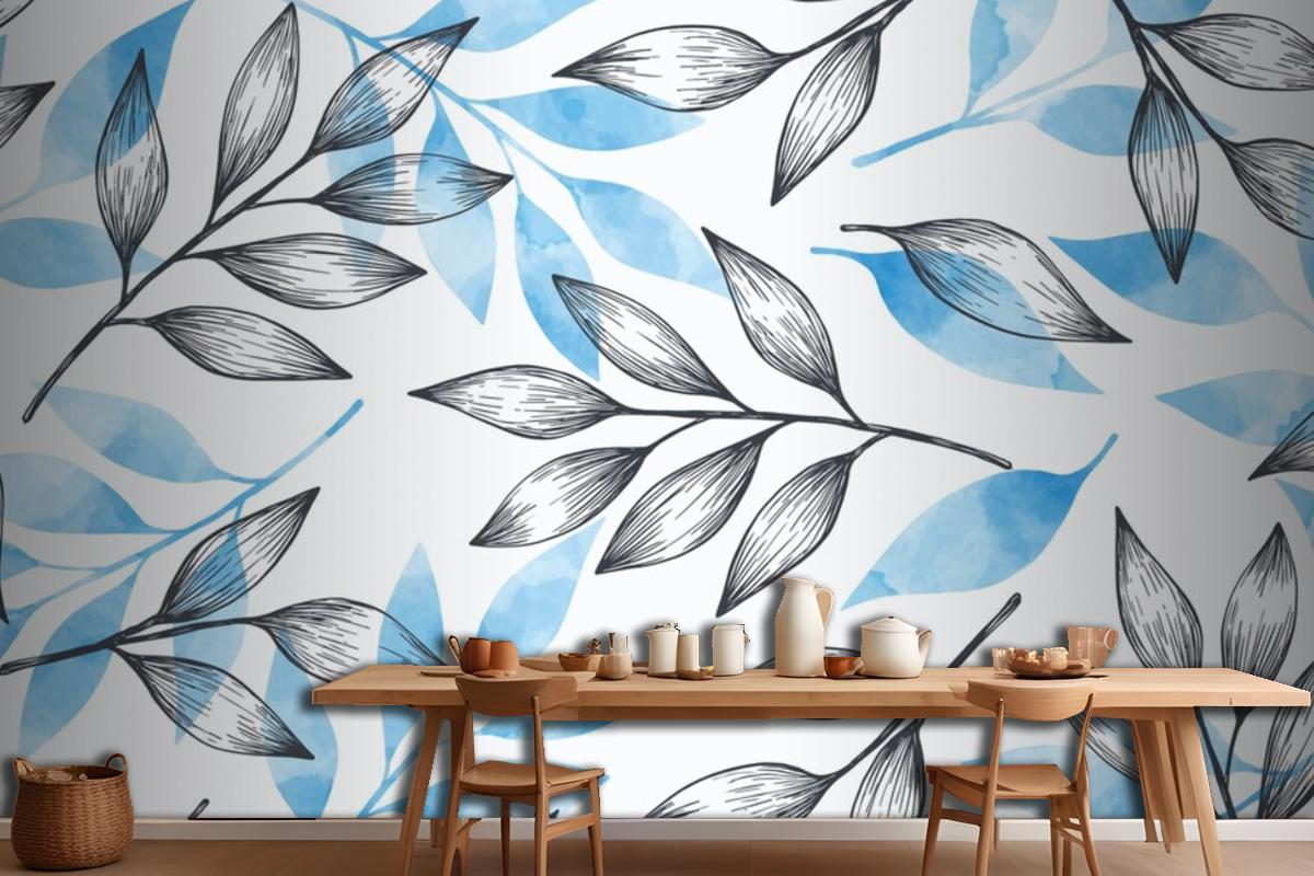 Simple Background With Gray And Blue Leaves Wallpaper Mural
